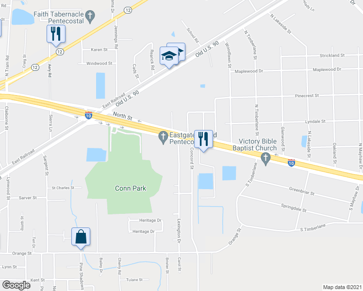 map of restaurants, bars, coffee shops, grocery stores, and more near 125 Lexington Drive in Vidor