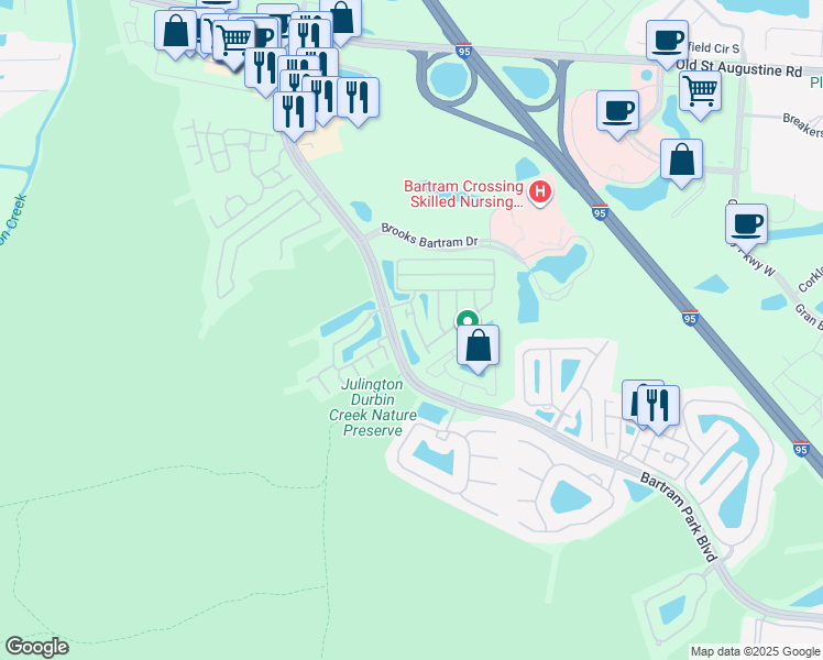 map of restaurants, bars, coffee shops, grocery stores, and more near 13036 Shallowater Road in Jacksonville