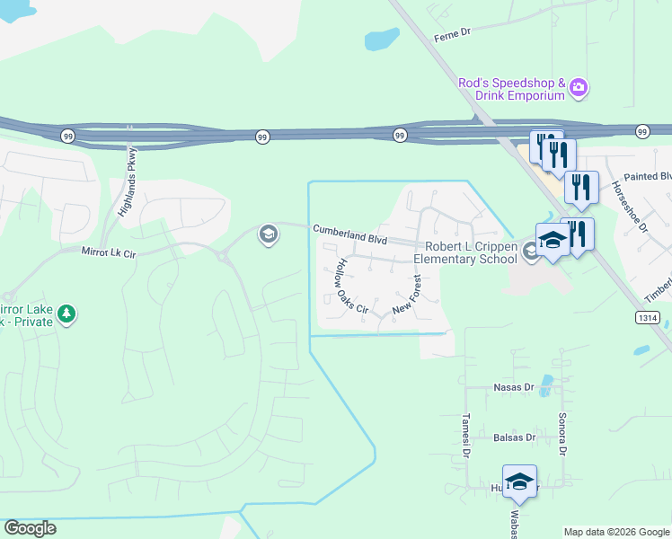 map of restaurants, bars, coffee shops, grocery stores, and more near 18159 Windy Oaks Court in Porter