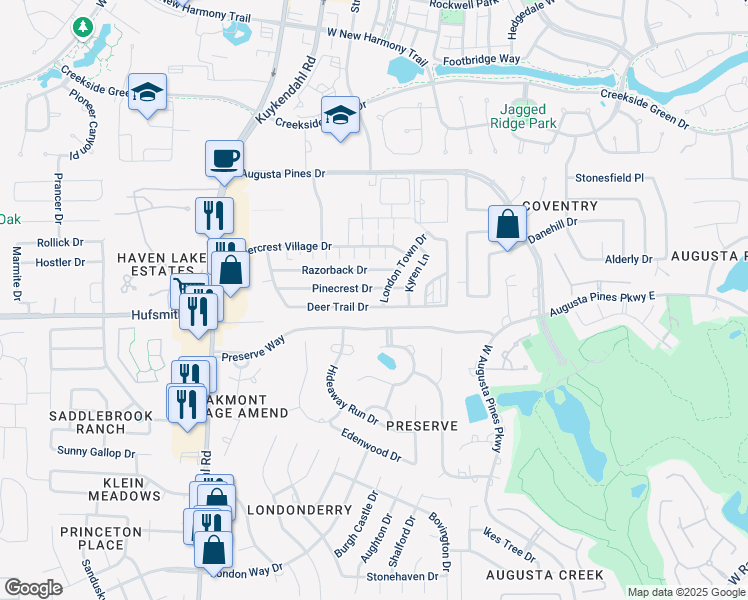 map of restaurants, bars, coffee shops, grocery stores, and more near 8219 Pinecrest Drive in Spring