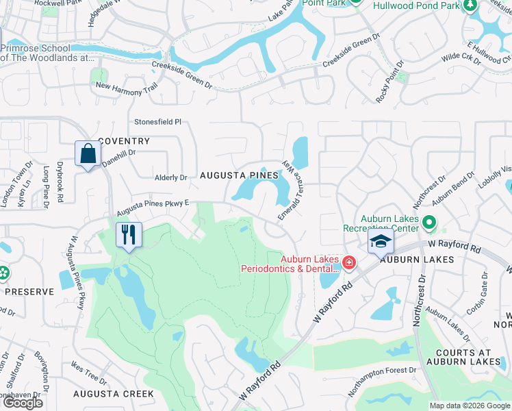 map of restaurants, bars, coffee shops, grocery stores, and more near 25607 Windy Isle Court in Spring