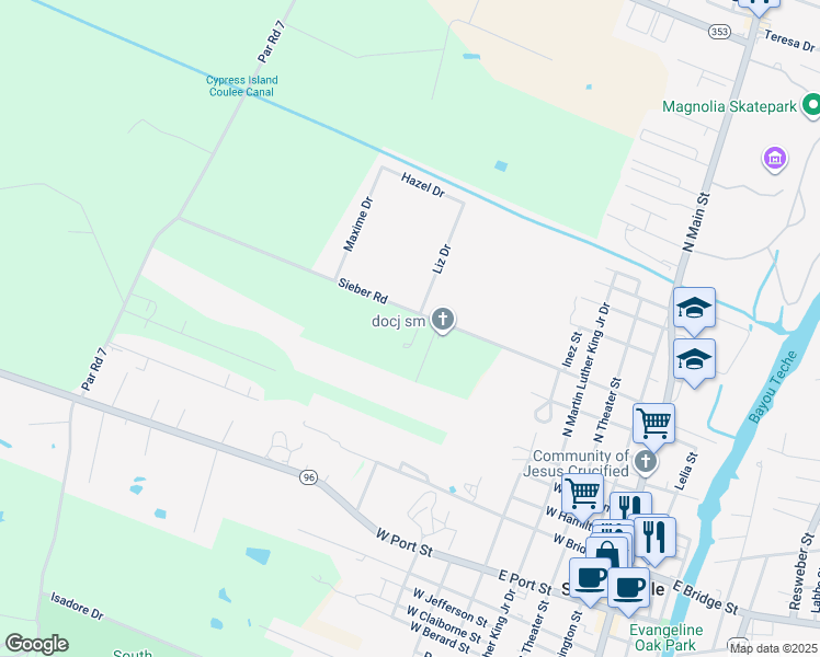 map of restaurants, bars, coffee shops, grocery stores, and more near 1123 Sieber Road in Saint Martinville