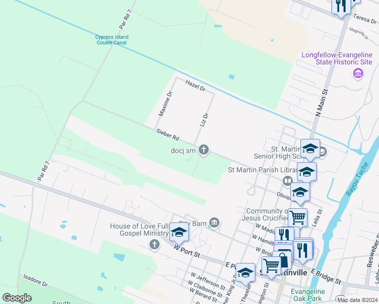 map of restaurants, bars, coffee shops, grocery stores, and more near 1123 Sieber Road in Saint Martinville