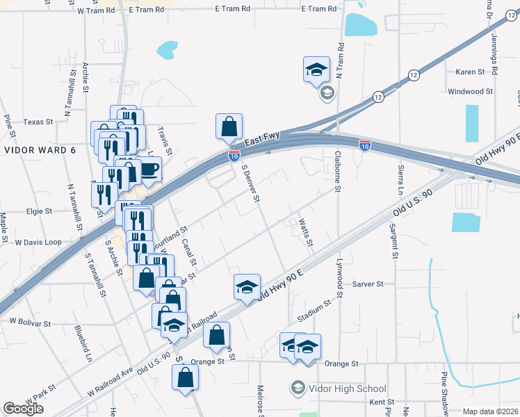 map of restaurants, bars, coffee shops, grocery stores, and more near South Denver Street in Vidor
