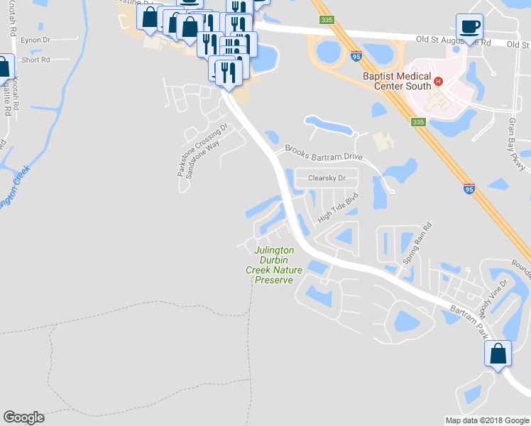 map of restaurants, bars, coffee shops, grocery stores, and more near 5959 Pavilion Drive in Jacksonville