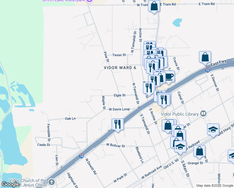 map of restaurants, bars, coffee shops, grocery stores, and more near 410 Elgie St in Vidor