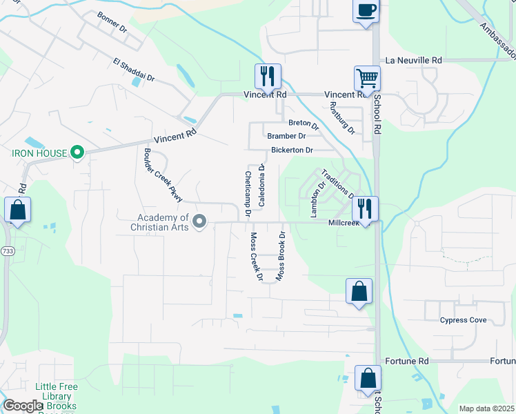 map of restaurants, bars, coffee shops, grocery stores, and more near 230 Caledonia Drive in Lafayette