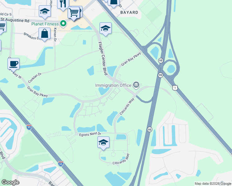 map of restaurants, bars, coffee shops, grocery stores, and more near 13490 Gran Bay Parkway in Jacksonville