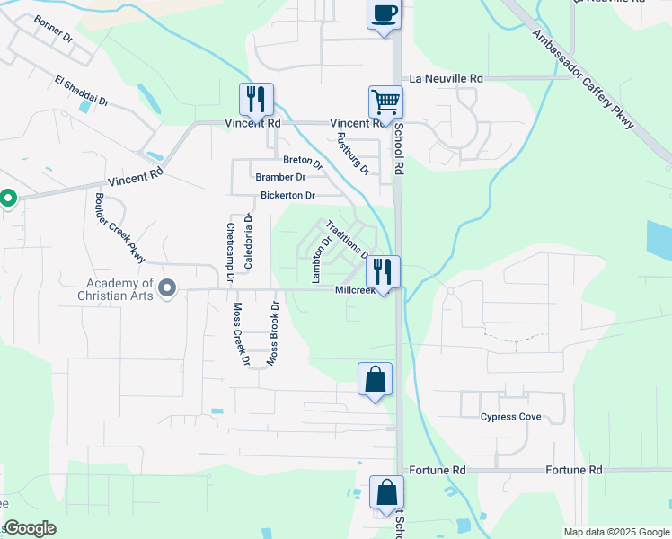 map of restaurants, bars, coffee shops, grocery stores, and more near 309 Founders Street in Lafayette