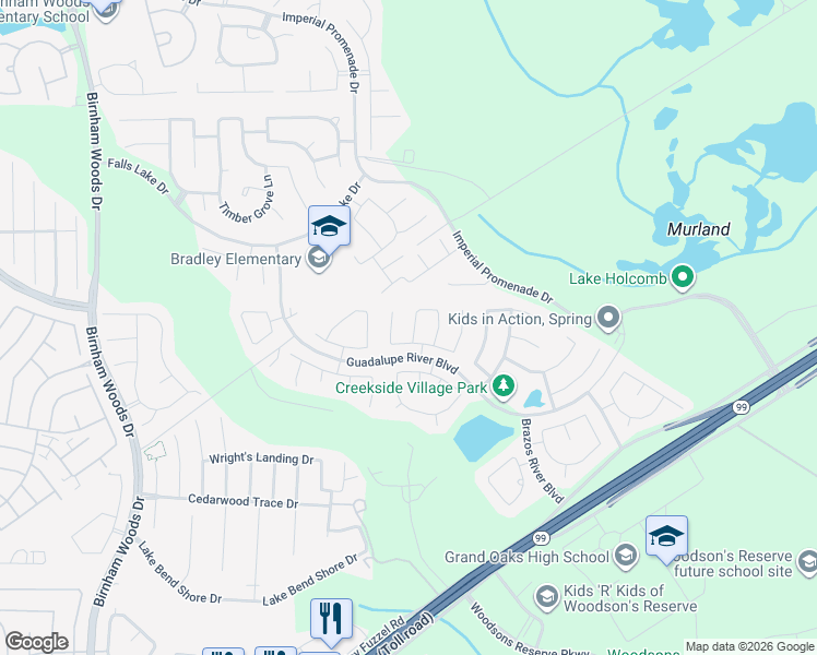 map of restaurants, bars, coffee shops, grocery stores, and more near 29038 Village Creek Loop in Spring