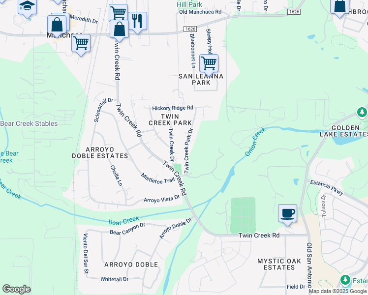 map of restaurants, bars, coffee shops, grocery stores, and more near 12400 Twin Creek Park Drive in Manchaca