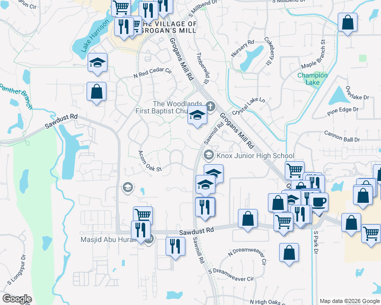 map of restaurants, bars, coffee shops, grocery stores, and more near 2107 Level Oak Place in Spring