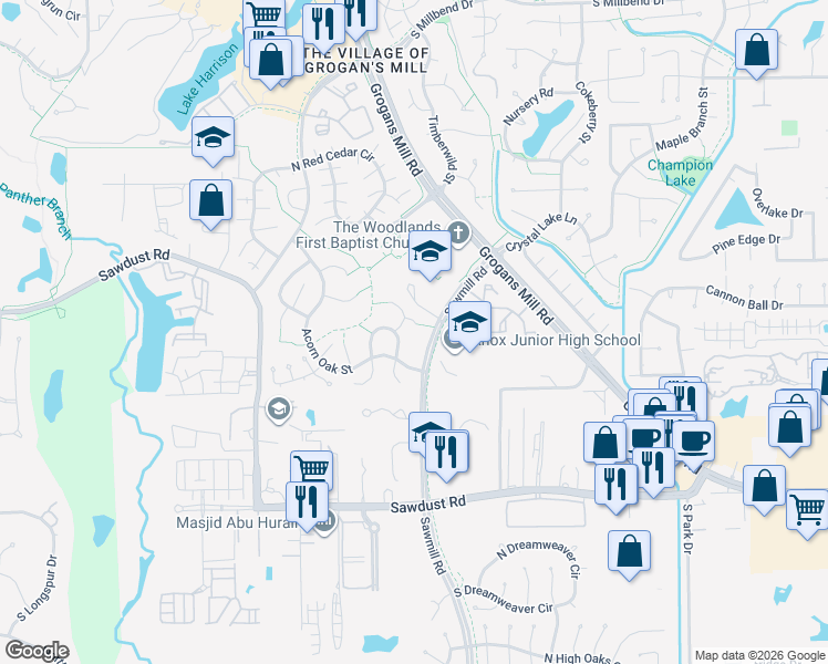 map of restaurants, bars, coffee shops, grocery stores, and more near 2107 Level Oak Place in Spring