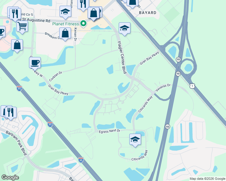 map of restaurants, bars, coffee shops, grocery stores, and more near 13490 Gran Bay Parkway in Jacksonville