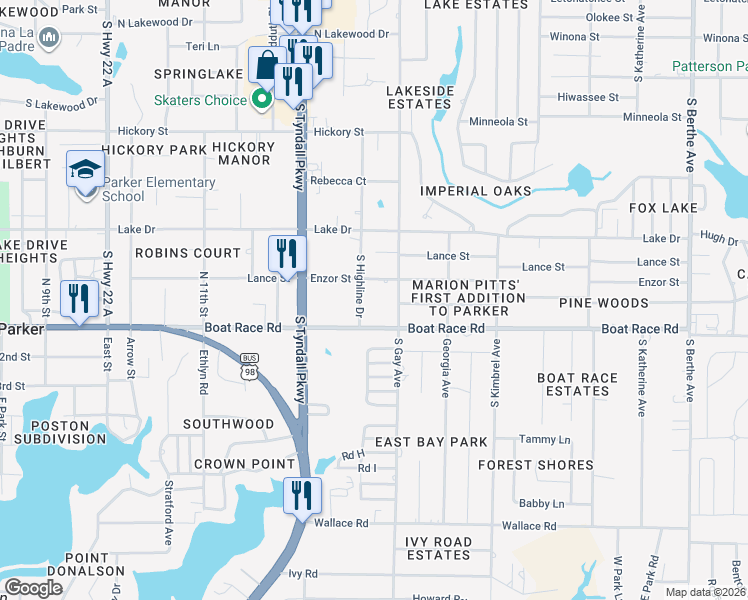 map of restaurants, bars, coffee shops, grocery stores, and more near 823 South Highline Drive in Panama City