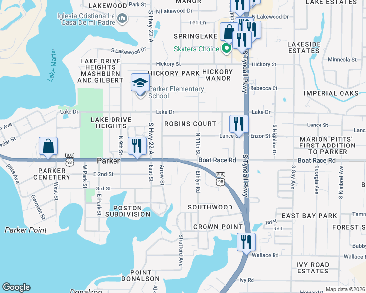 map of restaurants, bars, coffee shops, grocery stores, and more near 824 11th Street North in Panama City