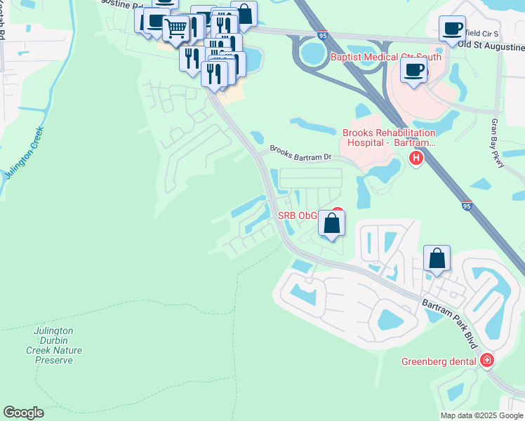 map of restaurants, bars, coffee shops, grocery stores, and more near 5978 Pavilion Drive in Jacksonville