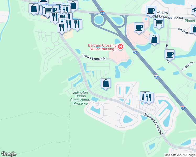 map of restaurants, bars, coffee shops, grocery stores, and more near 13041 Sunset Lake Drive in Jacksonville