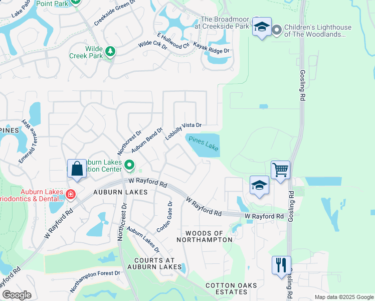 map of restaurants, bars, coffee shops, grocery stores, and more near 6310 Whistling Pines Drive in Spring