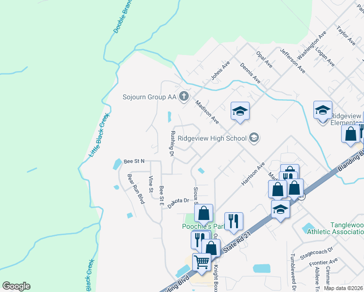 map of restaurants, bars, coffee shops, grocery stores, and more near 1289 Rushing Drive in Orange Park