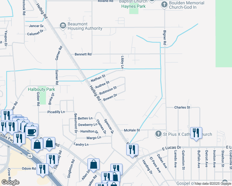 map of restaurants, bars, coffee shops, grocery stores, and more near 3730 Bowen Drive in Beaumont