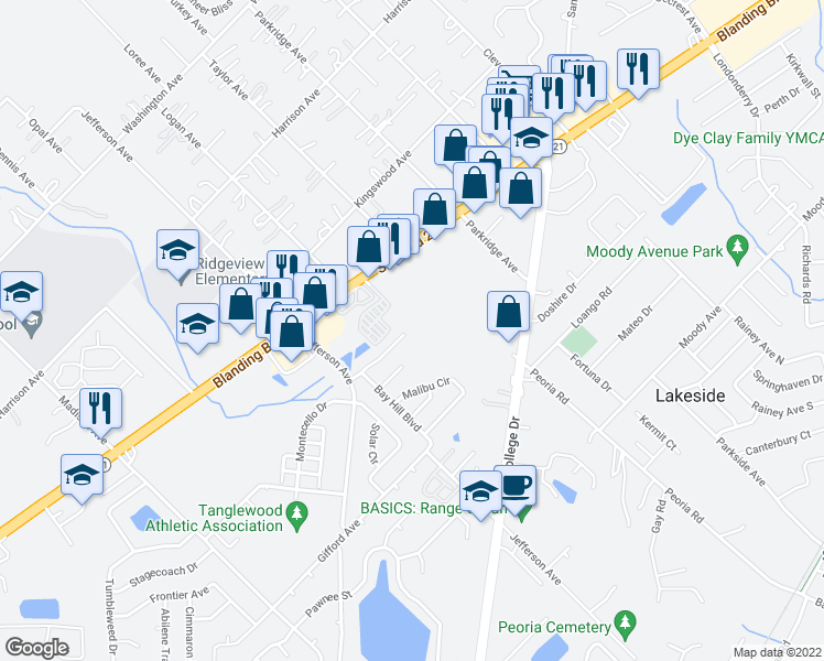 map of restaurants, bars, coffee shops, grocery stores, and more near 2633 San Francisco Boulevard in Orange Park