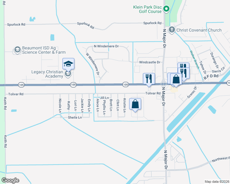 map of restaurants, bars, coffee shops, grocery stores, and more near 7820 Tolivar Road in Beaumont