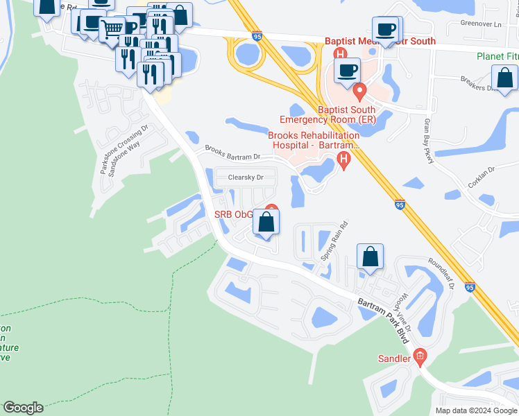 map of restaurants, bars, coffee shops, grocery stores, and more near 6206 High Tide Boulevard in Jacksonville