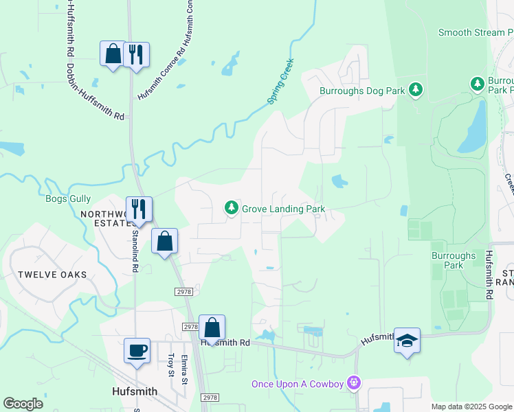 map of restaurants, bars, coffee shops, grocery stores, and more near 25415 Pinyon Hill Trail in Tomball