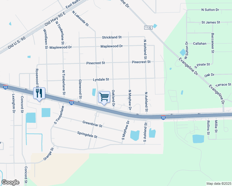 map of restaurants, bars, coffee shops, grocery stores, and more near 485 Oakland Street in Vidor