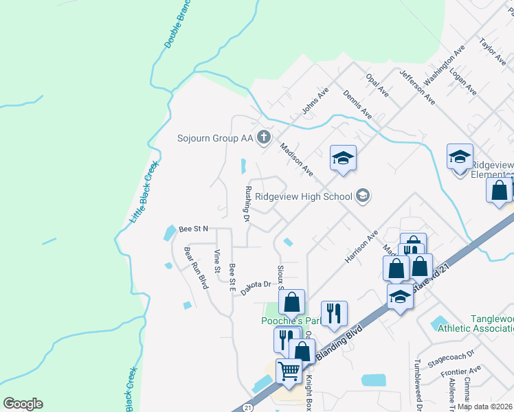 map of restaurants, bars, coffee shops, grocery stores, and more near 1289 Rushing Drive in Orange Park