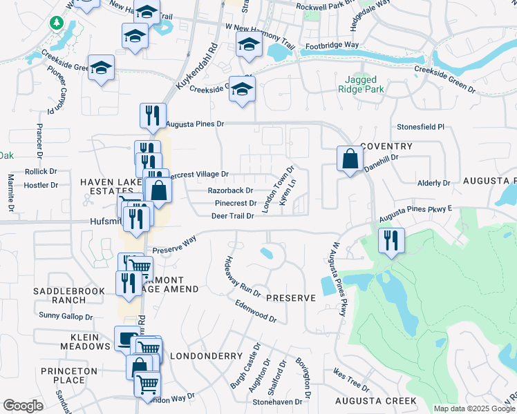 map of restaurants, bars, coffee shops, grocery stores, and more near 8219 Pinecrest Drive in Spring