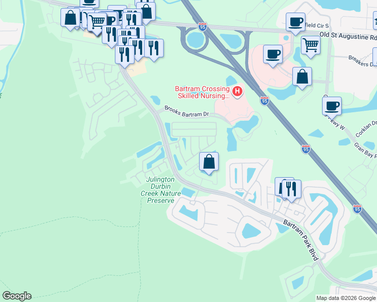 map of restaurants, bars, coffee shops, grocery stores, and more near 13041 Sunset Lake Drive in Jacksonville