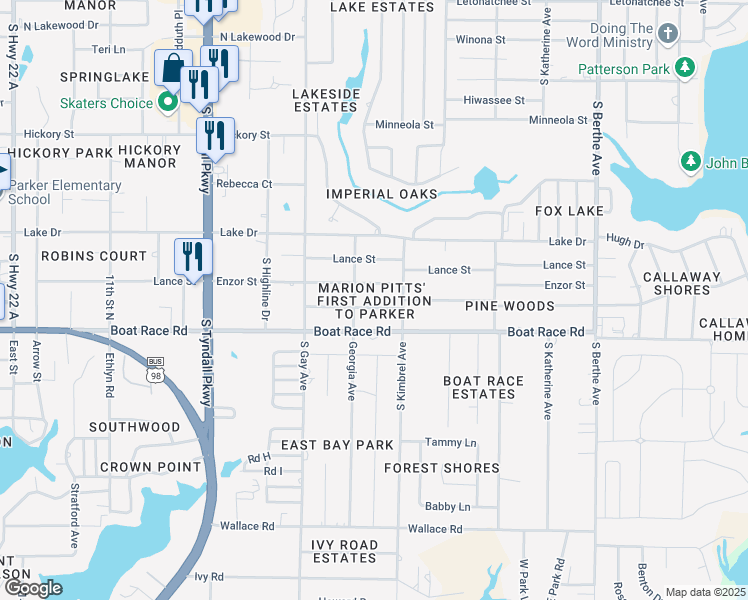 map of restaurants, bars, coffee shops, grocery stores, and more near 6105 Pridgen Street in Panama City