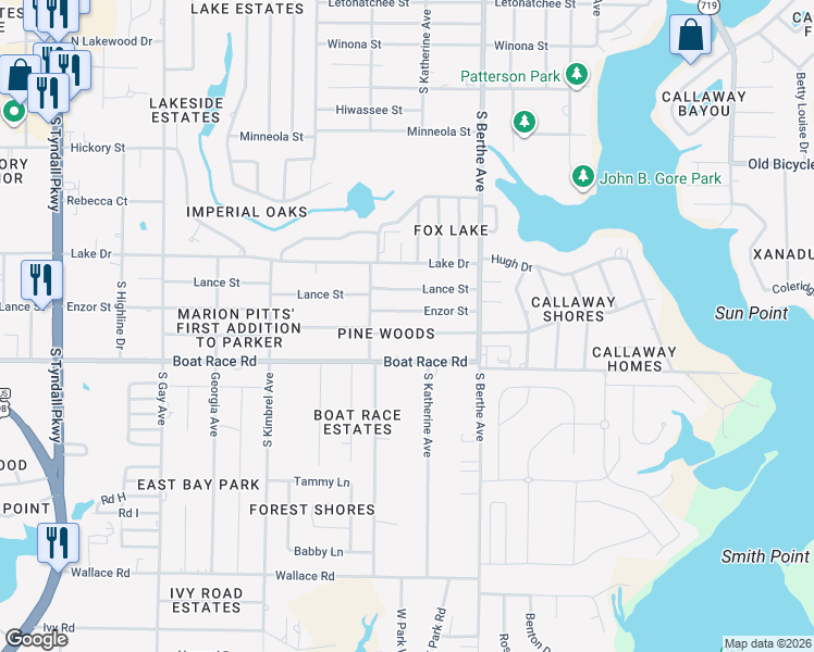 map of restaurants, bars, coffee shops, grocery stores, and more near 6517 Pridgen Street in Panama City
