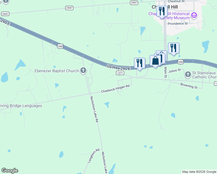 map of restaurants, bars, coffee shops, grocery stores, and more near 7283 Chadwick-Hogan Road in Chappell Hill