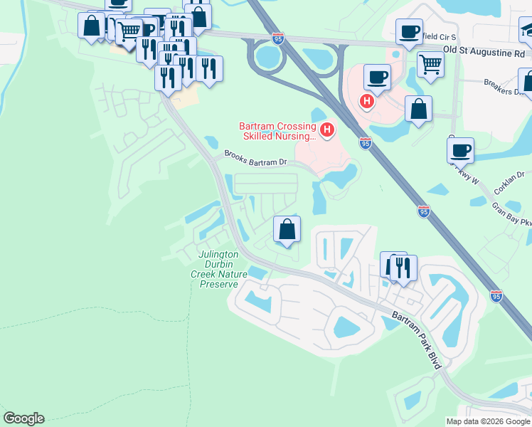 map of restaurants, bars, coffee shops, grocery stores, and more near 13041 Sunset Lake Drive in Jacksonville