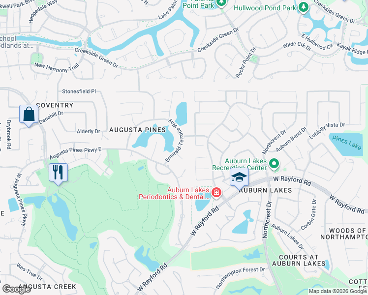 map of restaurants, bars, coffee shops, grocery stores, and more near 25706 Emerald Terrace Way in Spring