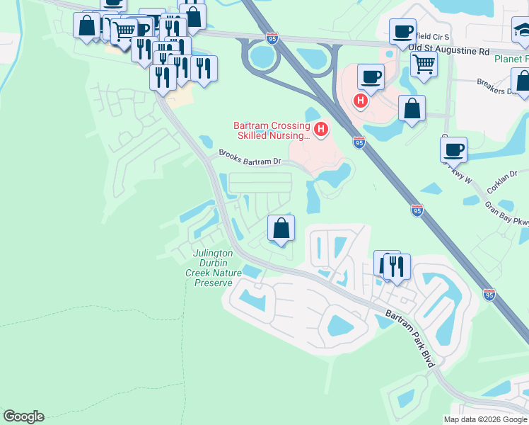 map of restaurants, bars, coffee shops, grocery stores, and more near 13041 Sunset Lake Drive in Jacksonville
