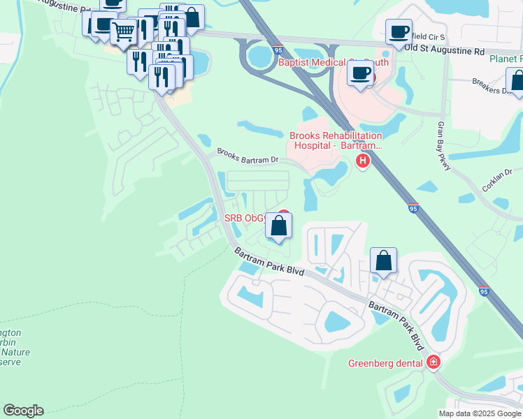 map of restaurants, bars, coffee shops, grocery stores, and more near 13041 Sunset Lake Drive in Jacksonville