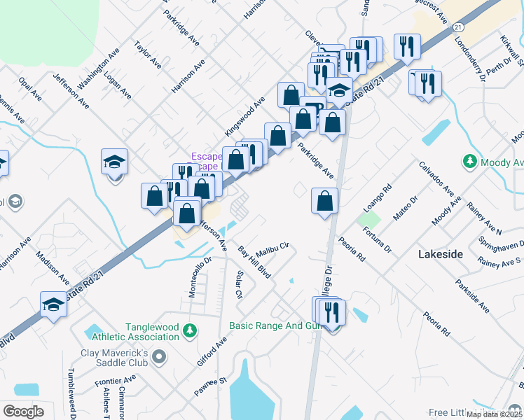 map of restaurants, bars, coffee shops, grocery stores, and more near 2633 San Francisco Boulevard in Orange Park
