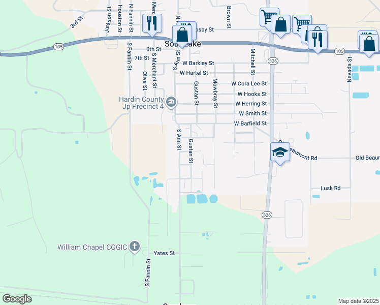 map of restaurants, bars, coffee shops, grocery stores, and more near 1035 Gustan Street in Sour Lake