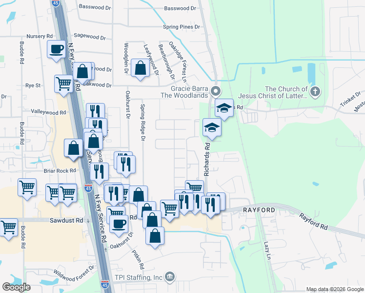 map of restaurants, bars, coffee shops, grocery stores, and more near 502 Spindle Ridge Drive in Spring