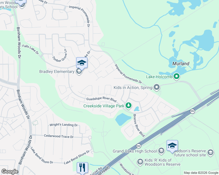 map of restaurants, bars, coffee shops, grocery stores, and more near 28922 Village Creek Loop in Spring