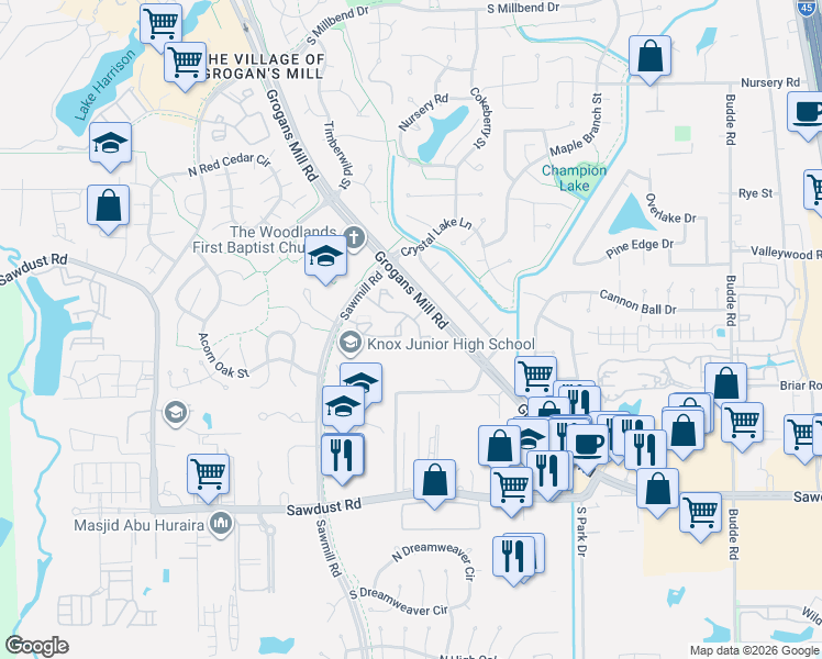 map of restaurants, bars, coffee shops, grocery stores, and more near in The Woodlands