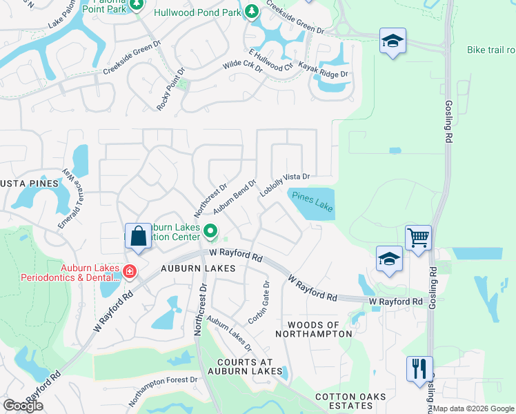 map of restaurants, bars, coffee shops, grocery stores, and more near 6514 Pine Arrow Court in Spring