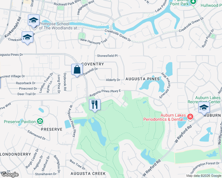 map of restaurants, bars, coffee shops, grocery stores, and more near 25510 Gold Crest Court in Spring