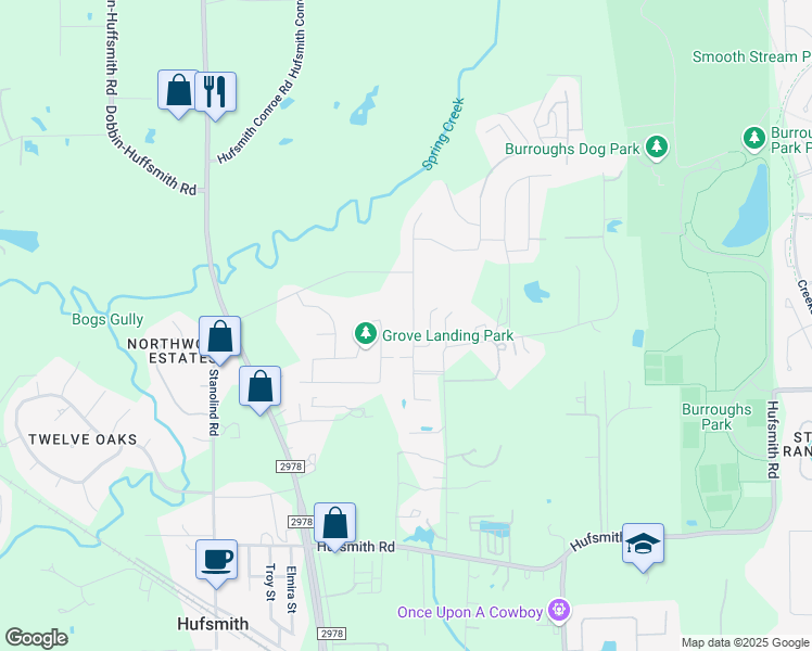 map of restaurants, bars, coffee shops, grocery stores, and more near 25415 Pinyon Hill Trail in Tomball
