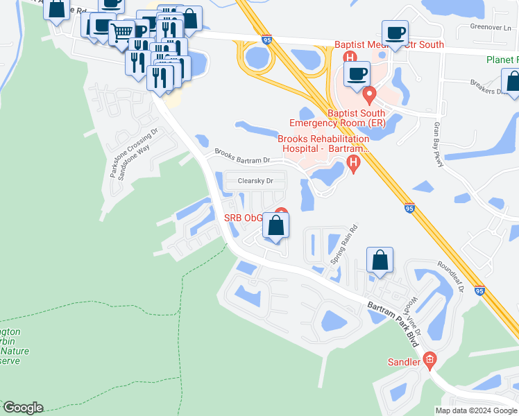 map of restaurants, bars, coffee shops, grocery stores, and more near 13032 Surfside Drive in Jacksonville