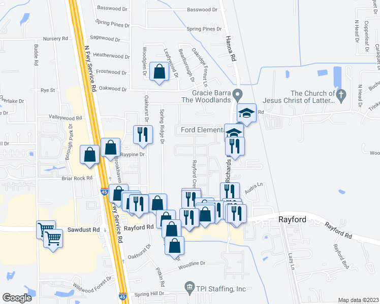 map of restaurants, bars, coffee shops, grocery stores, and more near 443 Spindle Ridge Drive in Spring